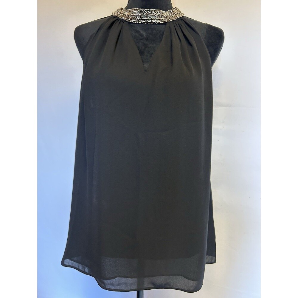 White House Black Market Blouse Womens L Black Beaded High Neck Collar Lining